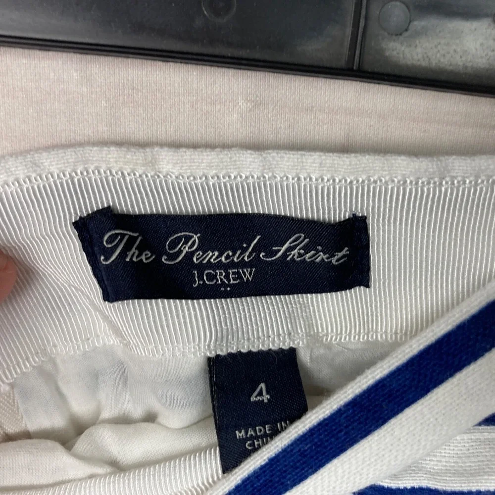 J‎ Crew Skirt Womens 4 Blue White Stripe Pencil Cotton Linen Knee Length Zipper